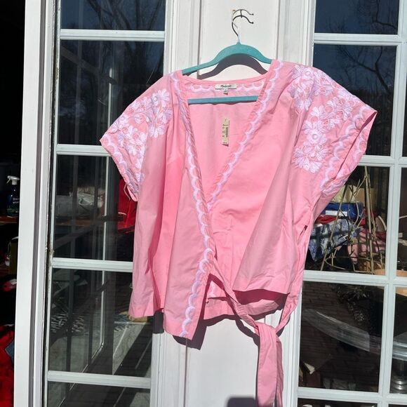Madewell Pink Wrap Blouse with White Embroidery - Picture 3 of 12